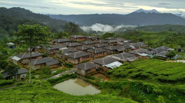 Pemandangan dari atas Kampung Naga yang terletak di lereng bukit yang menghijau disekelilingnya, menciptakan haromni pemandangan alam yang damai
